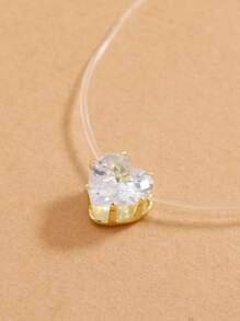 Cubic Zirconia Heart Charm Necklace - Silver - View 2