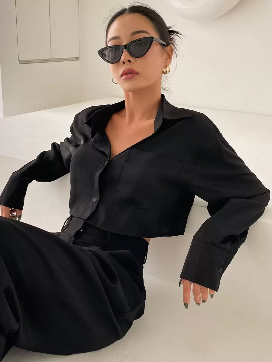 DAZY Solid Drop Shoulder Shirt,Long Sleeve Tops Y2k Fall - Black - View 1