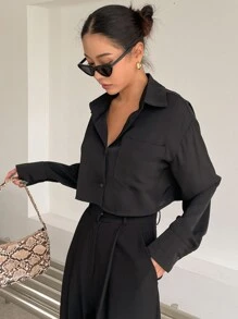 DAZY Solid Drop Shoulder Shirt,Long Sleeve Tops Y2k Fall - Black - View 4