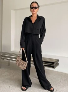 DAZY Solid Drop Shoulder Shirt,Long Sleeve Tops Y2k Fall - Black - View 6