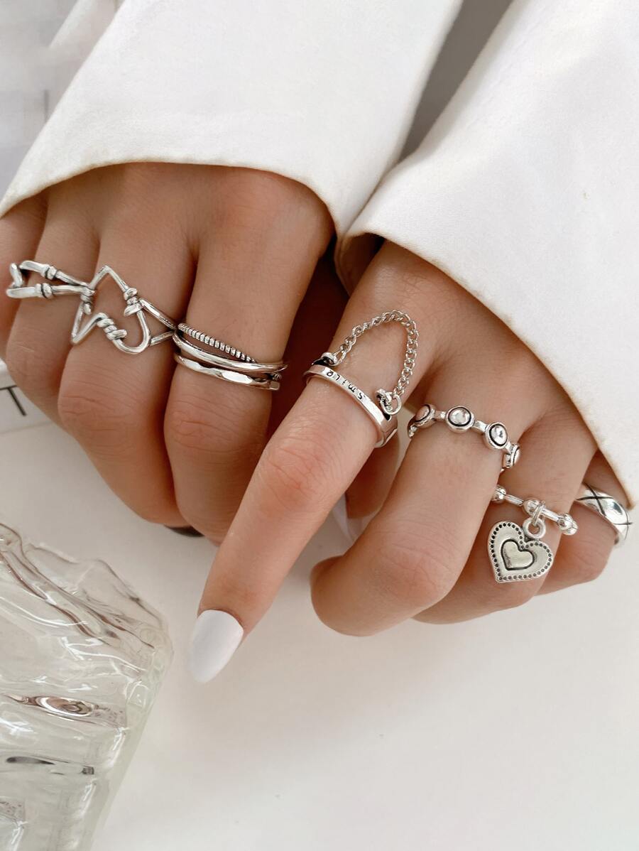 7入組心和鏈條裝飾戒指 - 銀色 - 查看 1