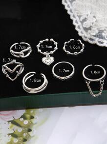 7入組心和鏈條裝飾戒指 - 銀色 - 查看 3