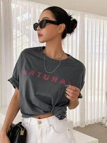 DAZY Đồ họa Chữ cái Áo thun Thả vai - Xám - Xem 2