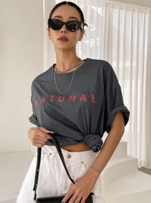 DAZY Đồ họa Chữ cái Áo thun Thả vai - Xám - Xem 3