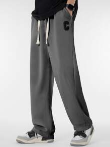 Chillumni 男士字母補丁細節腰部抽繩長褲 - 深灰色 - 查看 1