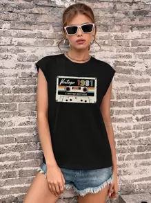 SHEIN EZwear Áo hai dây Lá thư Giải trí - màu đen - Xem 1
