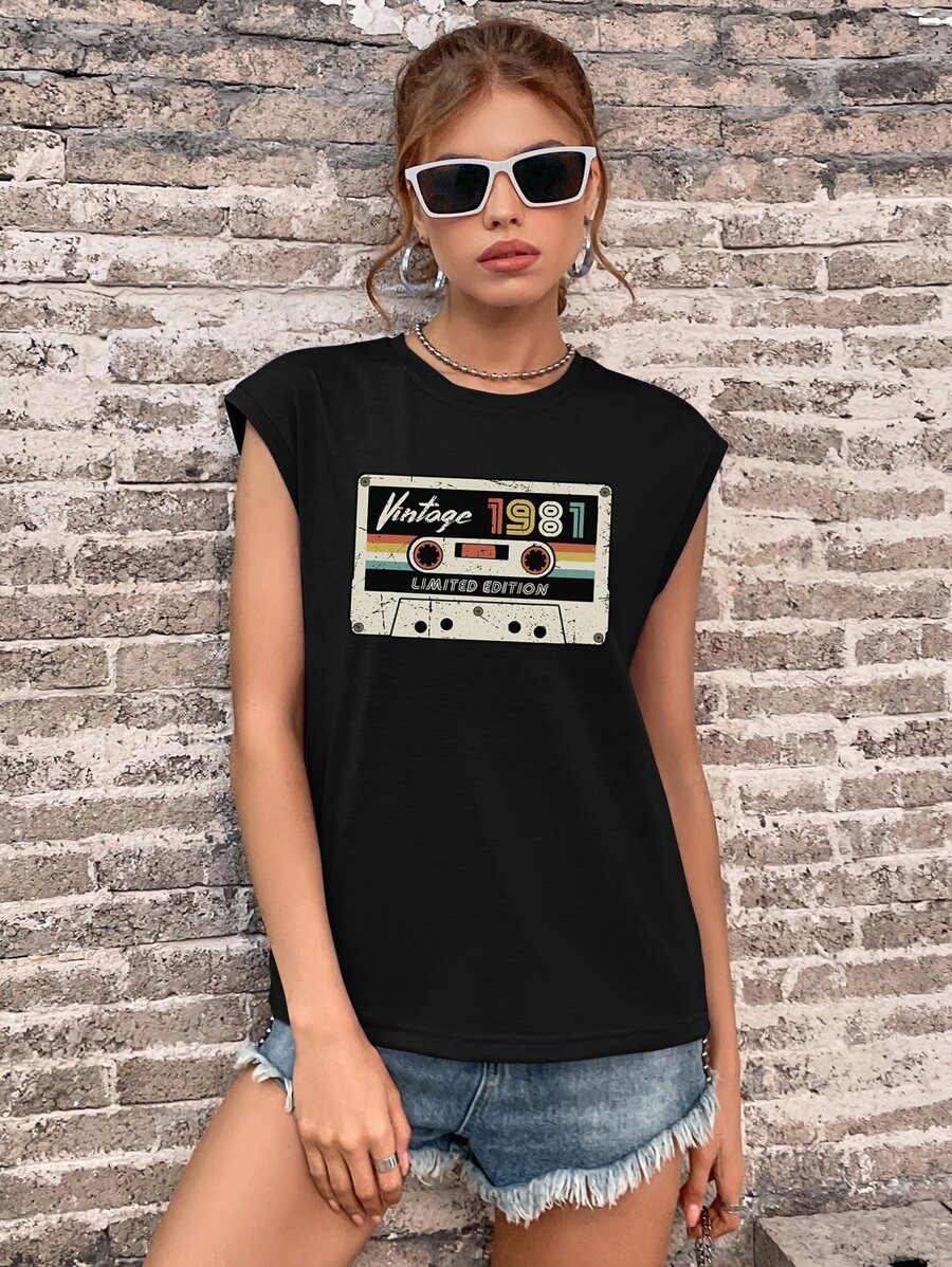 SHEIN EZwear Áo hai dây Lá thư Giải trí - màu đen - Xem 1