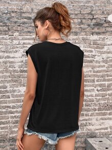 SHEIN EZwear Áo hai dây Lá thư Giải trí - màu đen - Xem 2