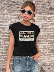 SHEIN EZwear Áo hai dây Lá thư Giải trí - màu đen - Xem 3