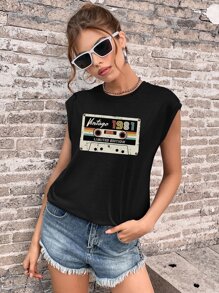 SHEIN EZwear Áo hai dây Lá thư Giải trí - màu đen - Xem 4