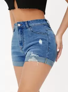 SHEIN PETITE 破洞卷邊牛仔短褲 - 中等水洗藍 - 查看 4