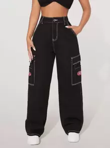 SHEIN PETITE High Waist Pocket Side Wide Jeans - Black - View 1