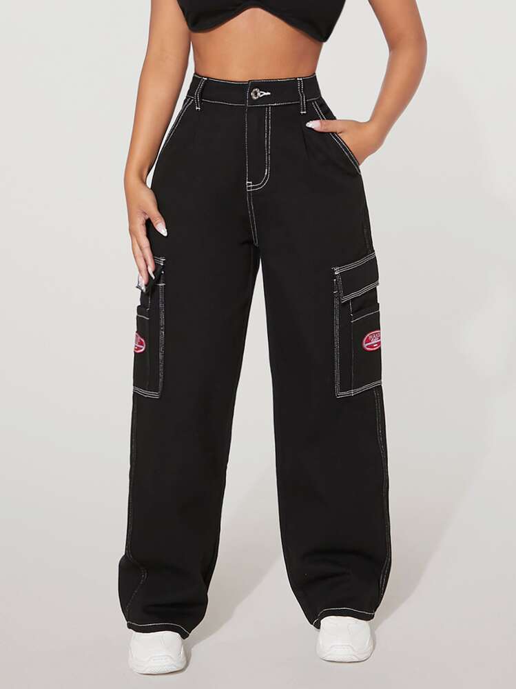 SHEIN PETITE 高腰側口袋寬牛仔褲 - 黑色 - 查看 1