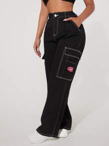 SHEIN PETITE High Waist Pocket Side Wide Jeans - Black - View 3