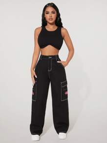 SHEIN PETITE High Waist Pocket Side Wide Jeans - Black - View 4