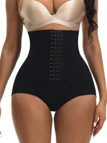 SHEIN Women's High Waisted Black Shapewear Briefs Button Front Body Shaper Casual Comfy High Stretch Underwear Plus Size Available - Black - View 1