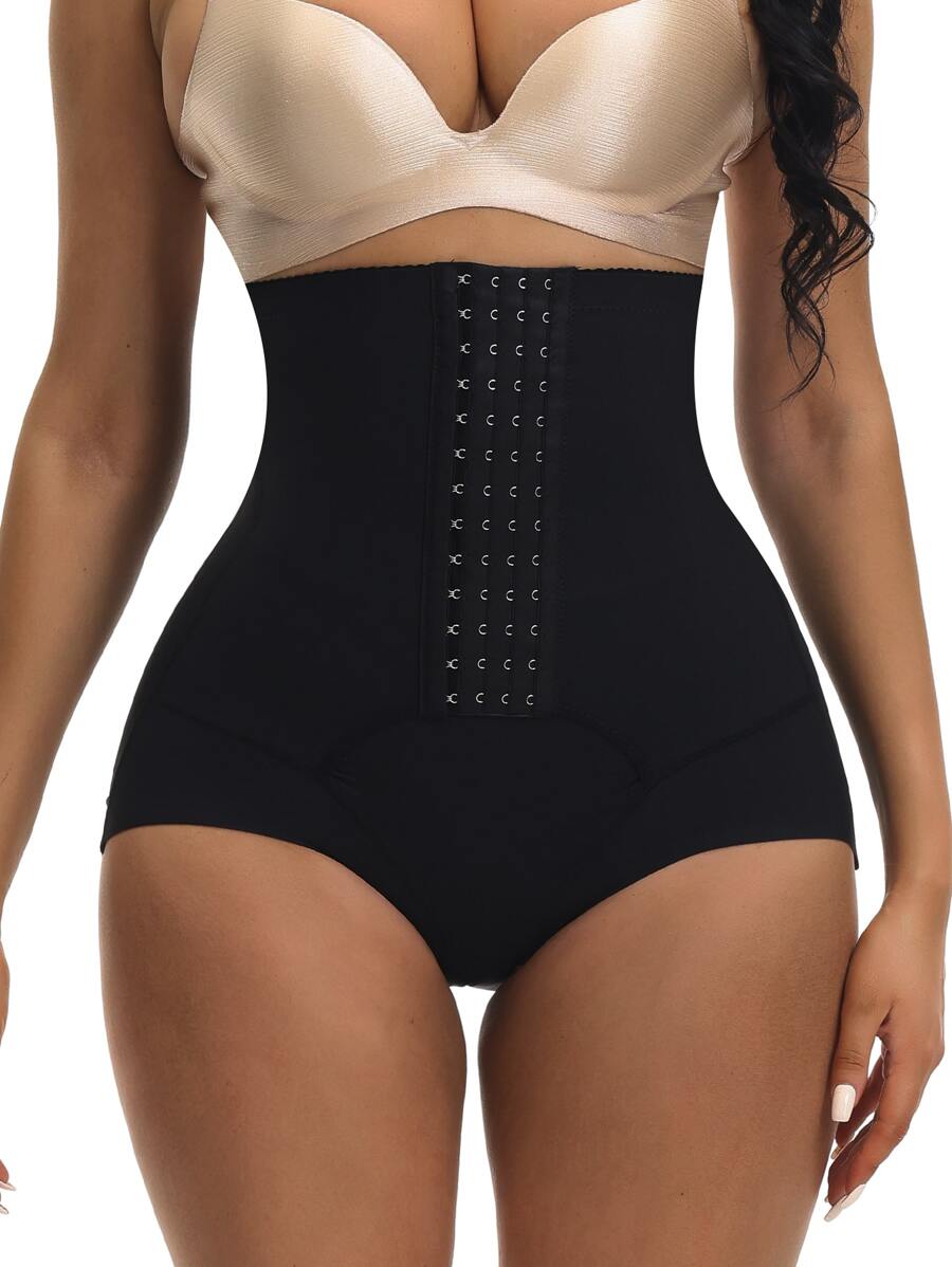 SHEIN Women's High Waisted Black Shapewear Briefs Button Front Body Shaper Casual Comfy High Stretch Underwear Plus Size Available - Black - View 1