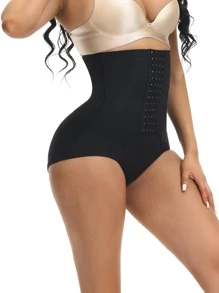 SHEIN Women's High Waisted Black Shapewear Briefs Button Front Body Shaper Casual Comfy High Stretch Underwear Plus Size Available - Black - View 2