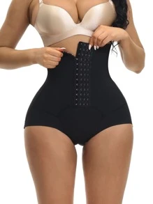 SHEIN Women's High Waisted Black Shapewear Briefs Button Front Body Shaper Casual Comfy High Stretch Underwear Plus Size Available - Black - View 3