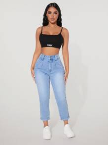 SHEIN PETITE High Waist Mom Fit Jeans - Light Wash - View 3