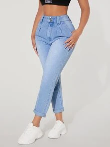 SHEIN PETITE High Waist Mom Fit Jeans - Light Wash - View 4