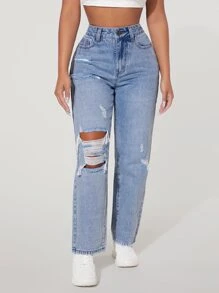 SHEIN PETITE High Waist Cut Out Ripped Frayed Wide Leg Jeans - Medium Wash - View 4
