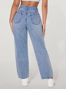 SHEIN PETITE High Waist Cut Out Ripped Frayed Wide Leg Jeans - Medium Wash - View 3
