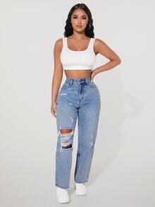 SHEIN PETITE High Waist Cut Out Ripped Frayed Wide Leg Jeans - Medium Wash - View 5