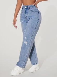 SHEIN PETITE High Waist Cut Out Ripped Frayed Wide Leg Jeans - Medium Wash - View 2