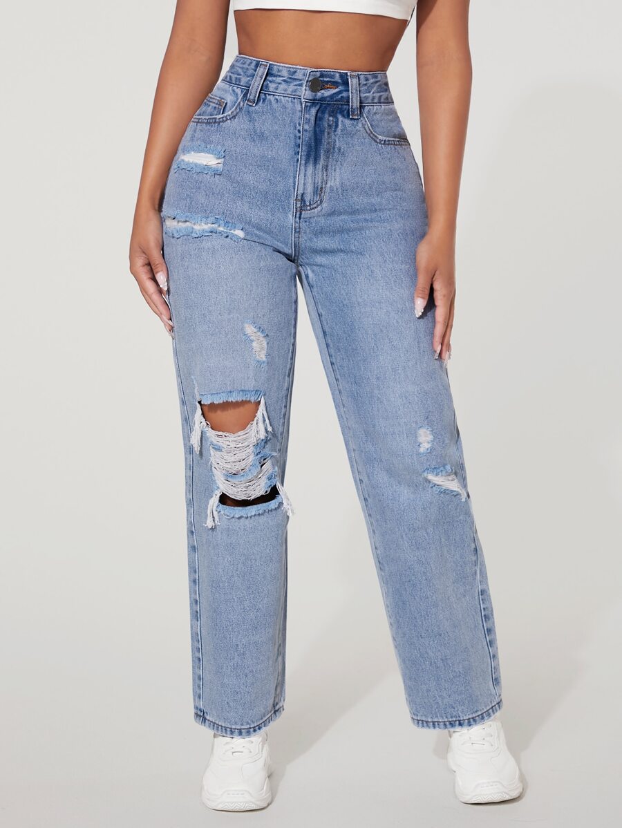 SHEIN PETITE High Waist Cut Out Ripped Frayed Wide Leg Jeans - Medium Wash - View 1