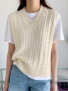 DAZY 1pc Solid V-Neck Sweater Vest,Fall Clothes - Beige - View 1