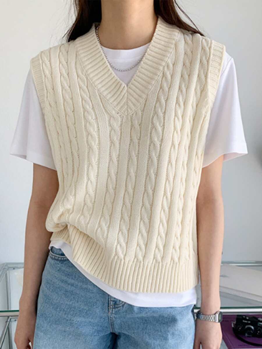 DAZY 1pc Solid V-Neck Sweater Vest,Fall Clothes - Beige - View 1