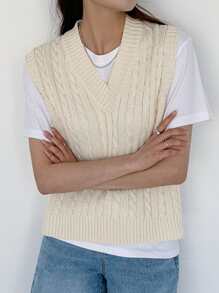 DAZY 1pc Solid V-Neck Sweater Vest,Fall Clothes - Beige - View 2