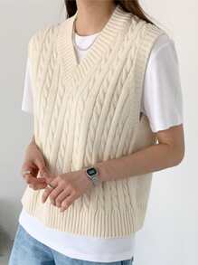 DAZY 1pc Solid V-Neck Sweater Vest,Fall Clothes - Beige - View 3