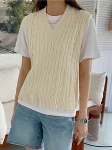 DAZY 1pc Solid V-Neck Sweater Vest,Fall Clothes - Beige - View 4