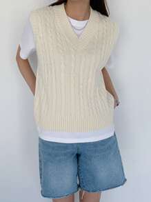 DAZY 1pc Solid V-Neck Sweater Vest,Fall Clothes - Beige - View 5