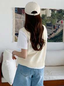 DAZY 1pc Solid V-Neck Sweater Vest,Fall Clothes - Beige - View 6