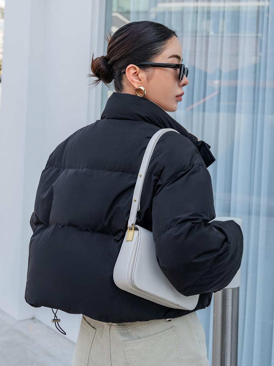 Drop Shoulder Zip Up Snap Button Padded Coat