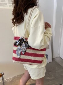 Striped Pattern Skinny Scarf Decor Straw Bag - Hot Pink - View 2