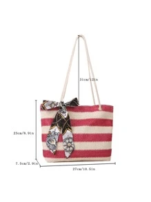Striped Pattern Skinny Scarf Decor Straw Bag - Hot Pink - View 3