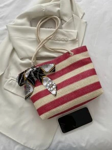 Striped Pattern Skinny Scarf Decor Straw Bag - Hot Pink - View 4