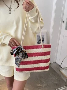 Striped Pattern Skinny Scarf Decor Straw Bag - Hot Pink - View 8