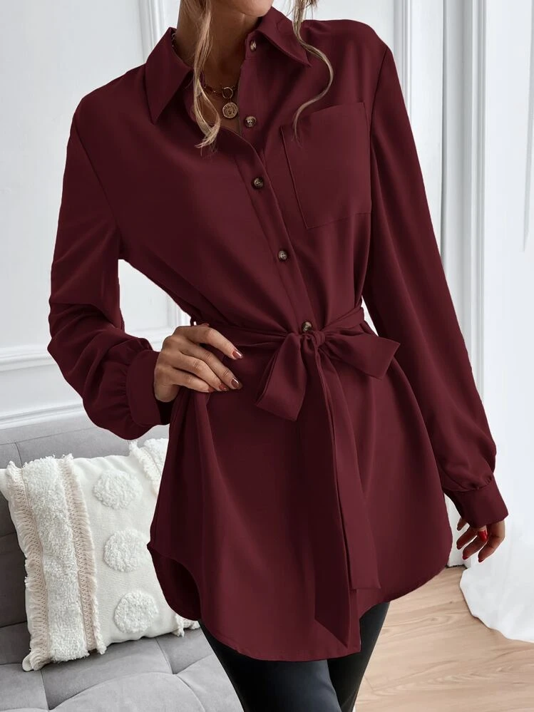 SHEIN Stylify חולצה חגורה קדמית עם כפתור מוצק, חולצות עם שרוולים ארוכים - בורגונדי - ראה 7