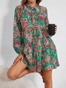 Vestido babydoll con estampado de paisley - Multicolor - Ver 1