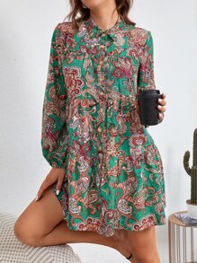 Vestido babydoll con estampado de paisley - Multicolor - Ver 3