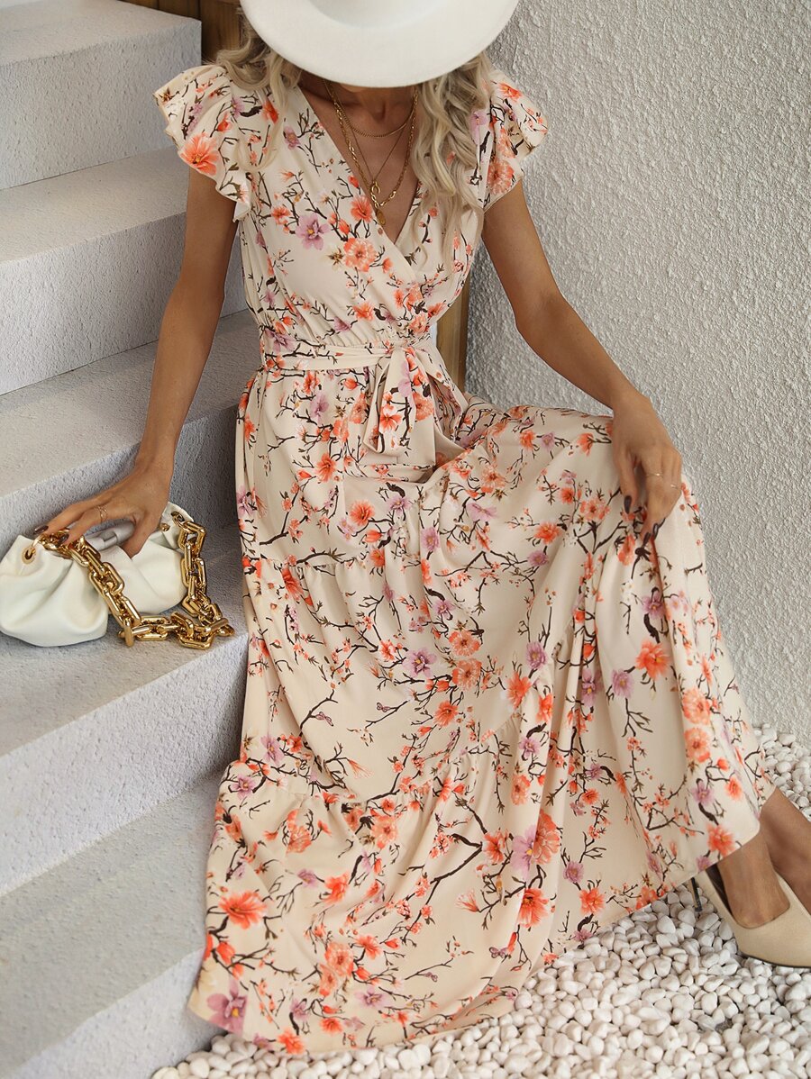 Breezaya Floral Print Butterfly Sleeve Ruffle Hem Belted Dress - Apricot - View 1