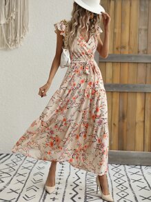 Breezaya Floral Print Butterfly Sleeve Ruffle Hem Belted Dress - Apricot - View 3
