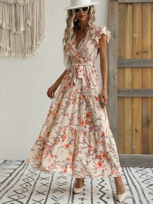 Breezaya Floral Print Butterfly Sleeve Ruffle Hem Belted Dress - Apricot - View 4