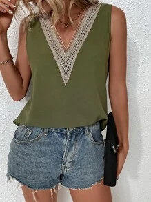 SHEIN LUNE Blusa panel con encaje - Verde militar - Ver 1
