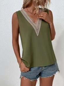 SHEIN LUNE Blusa panel con encaje - Verde militar - Ver 3